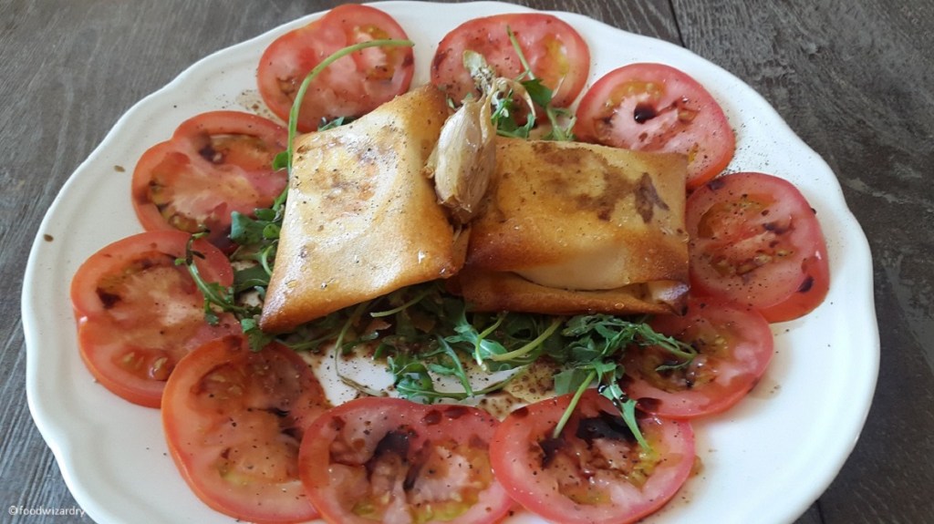 Goat’s cheese filo parcels on tomato carpaccio & honey mustard&nbsp;dressing