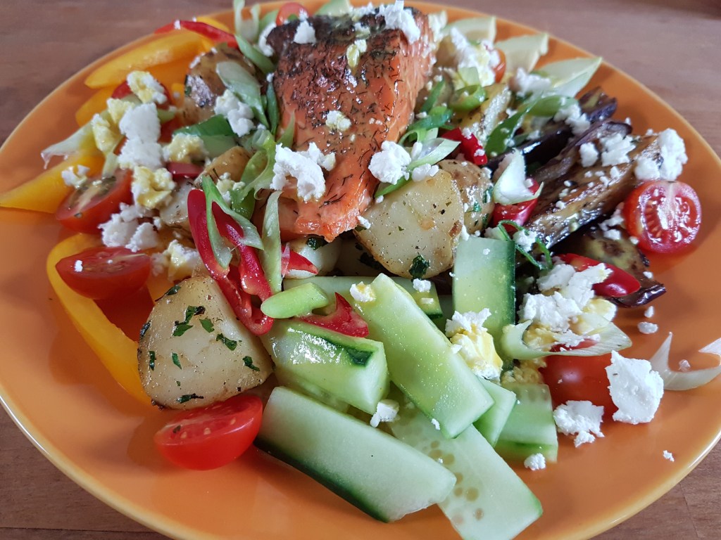 Hot-smoked salmon and warm potato salad