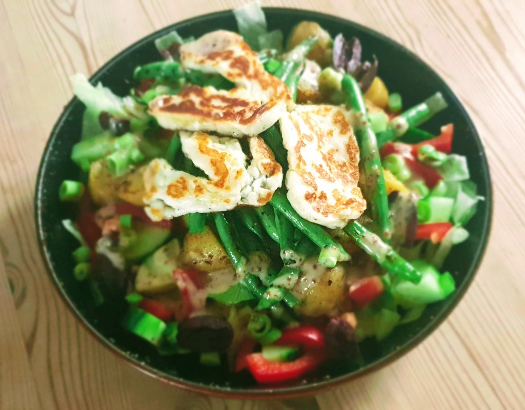 Warm spring halloumi salad