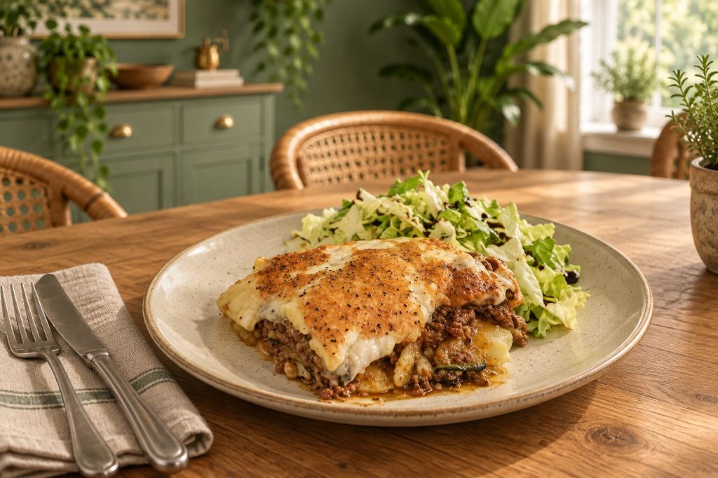 A serving of courgette, beef and potato bake with a green salad on an oak dining table