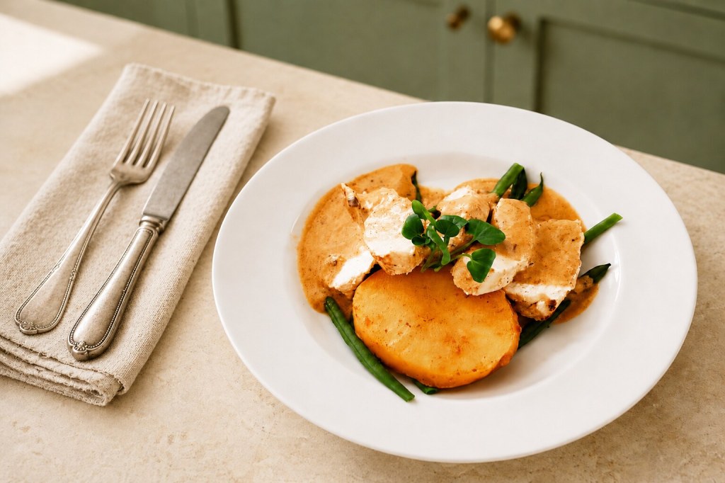 Creamy Dijon chicken with fondant potatoes