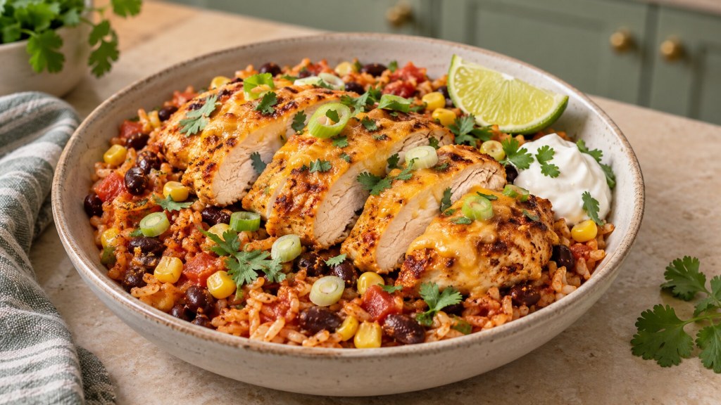Sliced baked chicken with Cheddar on tomato rice with beans and sweetcorn, served with lime and sour cream
