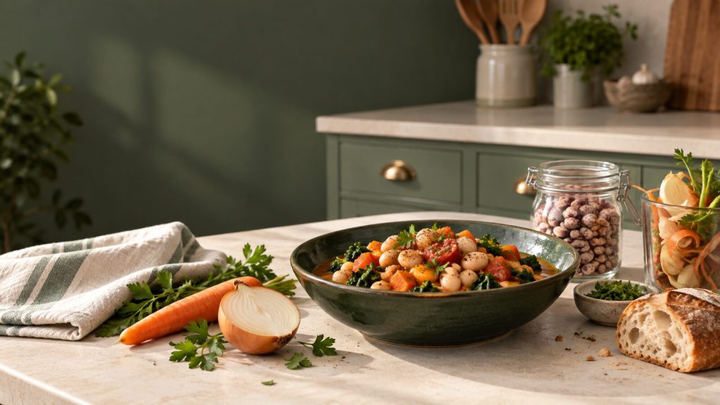 A colourful bean and vegetable meal with affordable ingredients and saved vegetable trimmings in a sage-green kitchen
