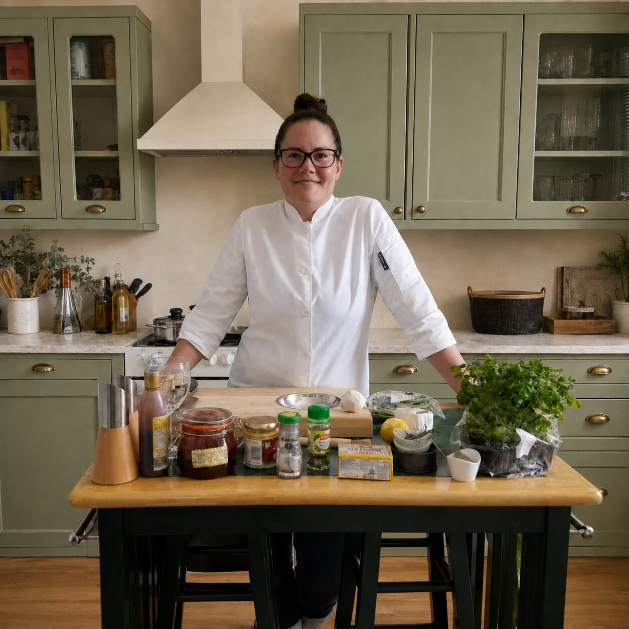 Catherine in her chef jacket behind a kitchen island in the sage-green Foodwizardry show kitchen