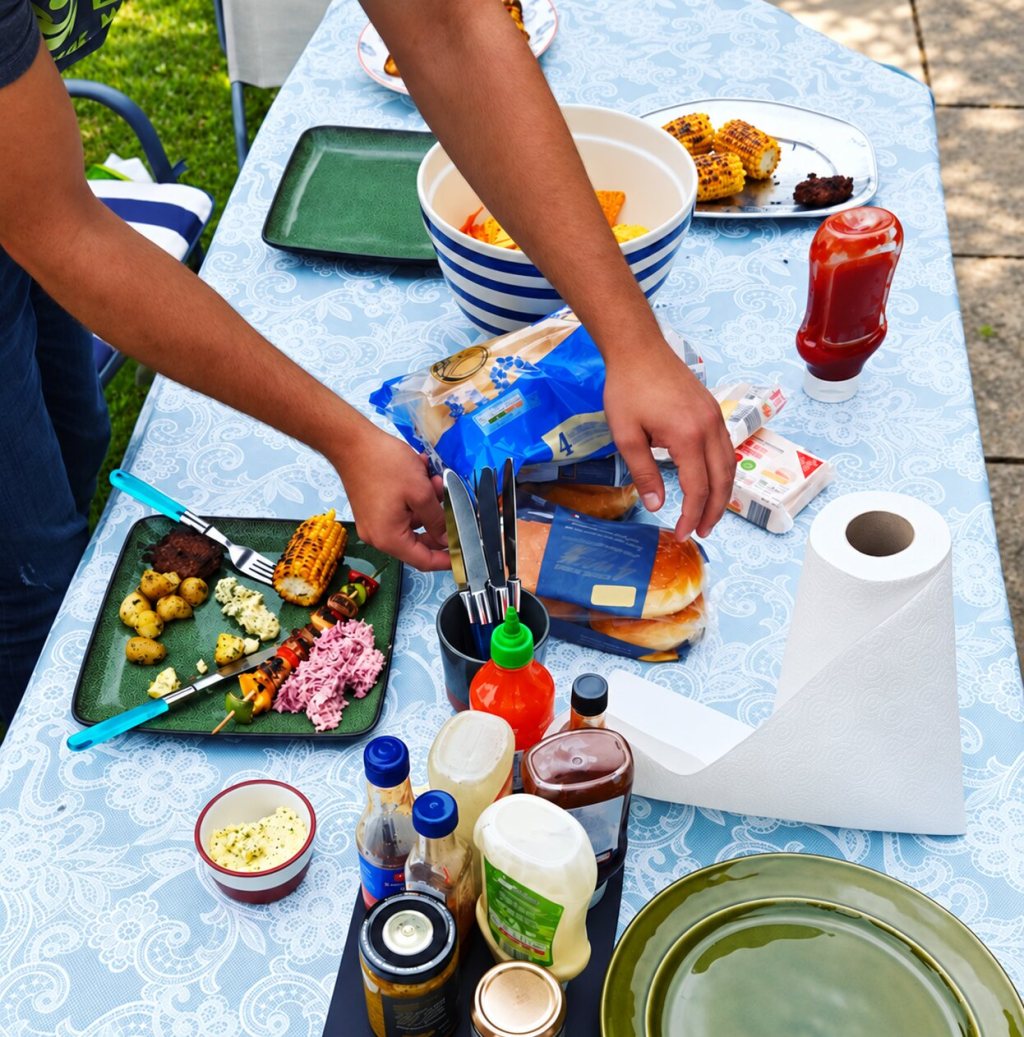 A summer garden barbecue table with homemade burgers, garlic herb butter, salad, grilled corn and sauces