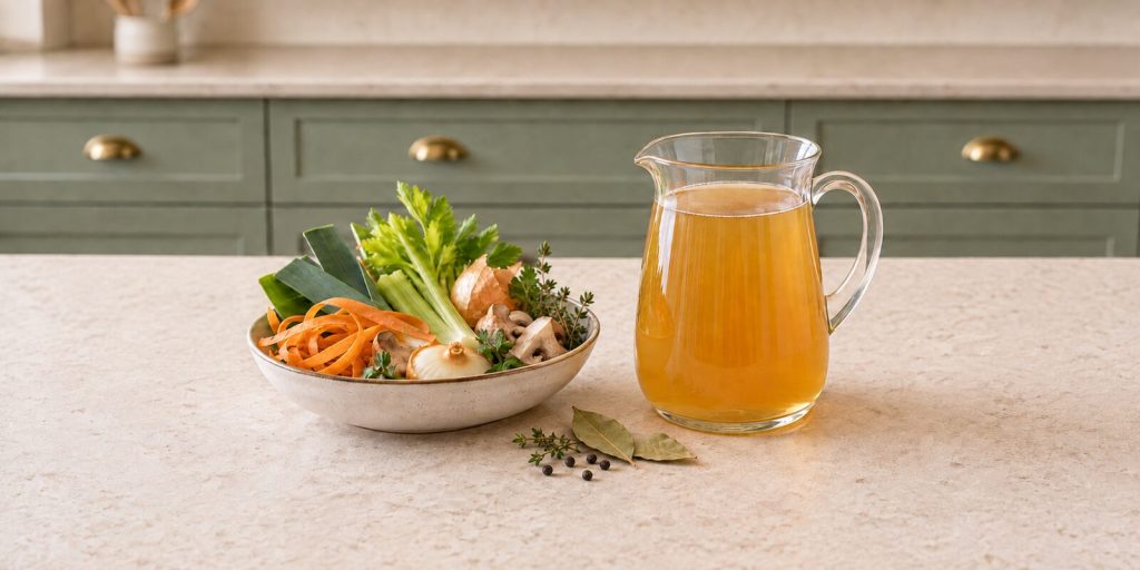 Homemade vegetable stock from kitchen scraps