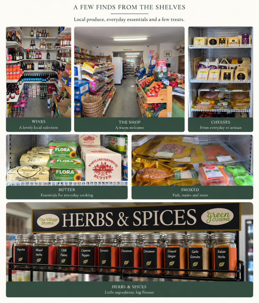 A few finds from the shelves at Rushlake Green Village Stores, including wine, cheese, butter, smoked foods and herbs and spices