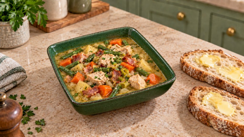 Slow-cooker chicken and bacon stew with vegetables in a dark green bowl, served with buttered crusty bread