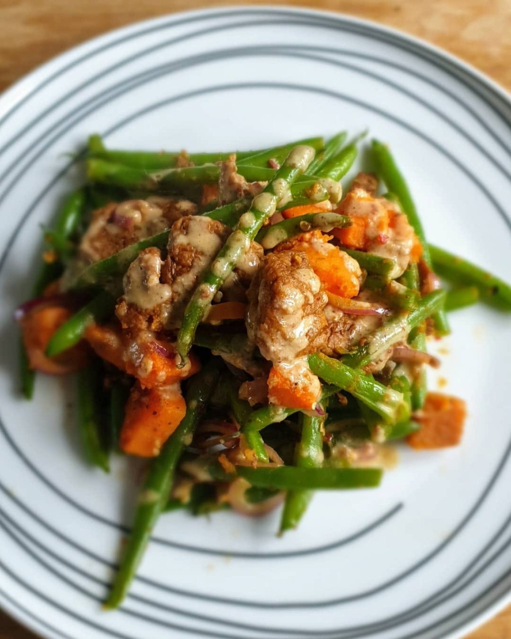 Pan-fried tofu, green bean and sweet potato salad