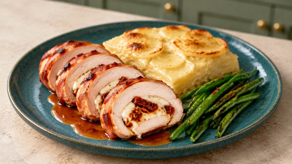 Stuffed & wrapped chicken with dauphinoise&nbsp;potatoes