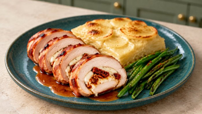Sliced stuffed chicken wrapped in bacon with dauphinoise potatoes and green beans on a deep teal ceramic plate
