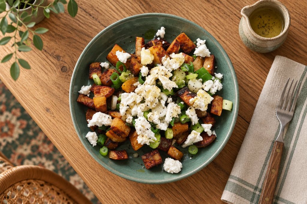 Sweet potato, feta and spring onion salad in a sage-green bowl on an oak dining table